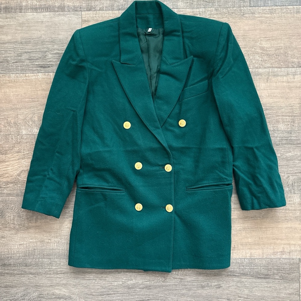 Vintage Emerald Double-Breasted Blazer with Gold Buttons